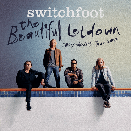 Switchfoot The beautiful Letdown Tour Art. Four men sitting at the edge of an empty pool.